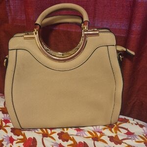Elegant Tan Handbag with Gold Accents